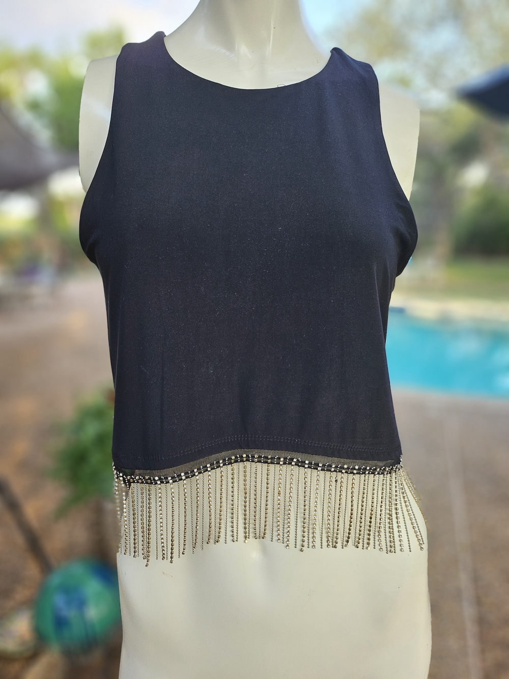 Moa Moa Black Sleeveless Fringe Crop Top with Rhinestone & Chain Beaded Trim L